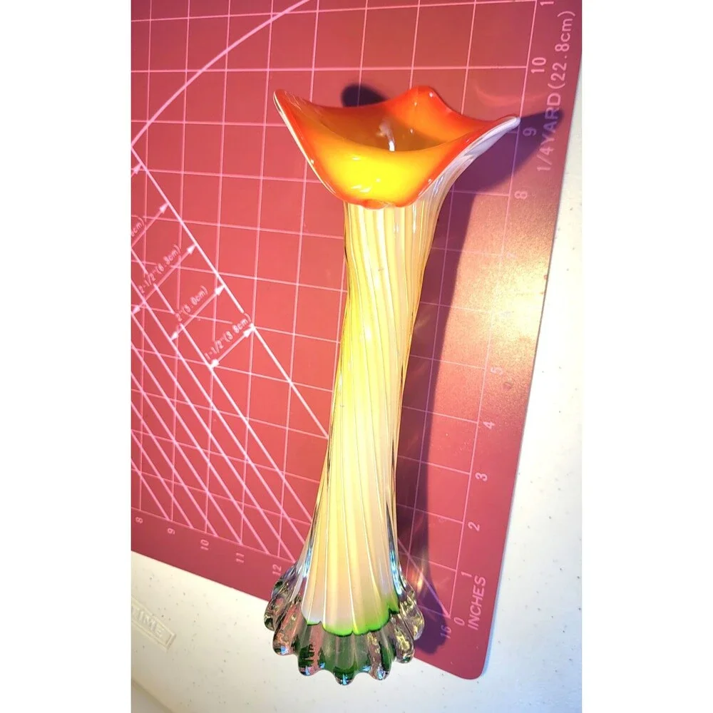 Mid Century Murano Style Blown Glass Art Vase Orange Yellow Jack In The Pulpit